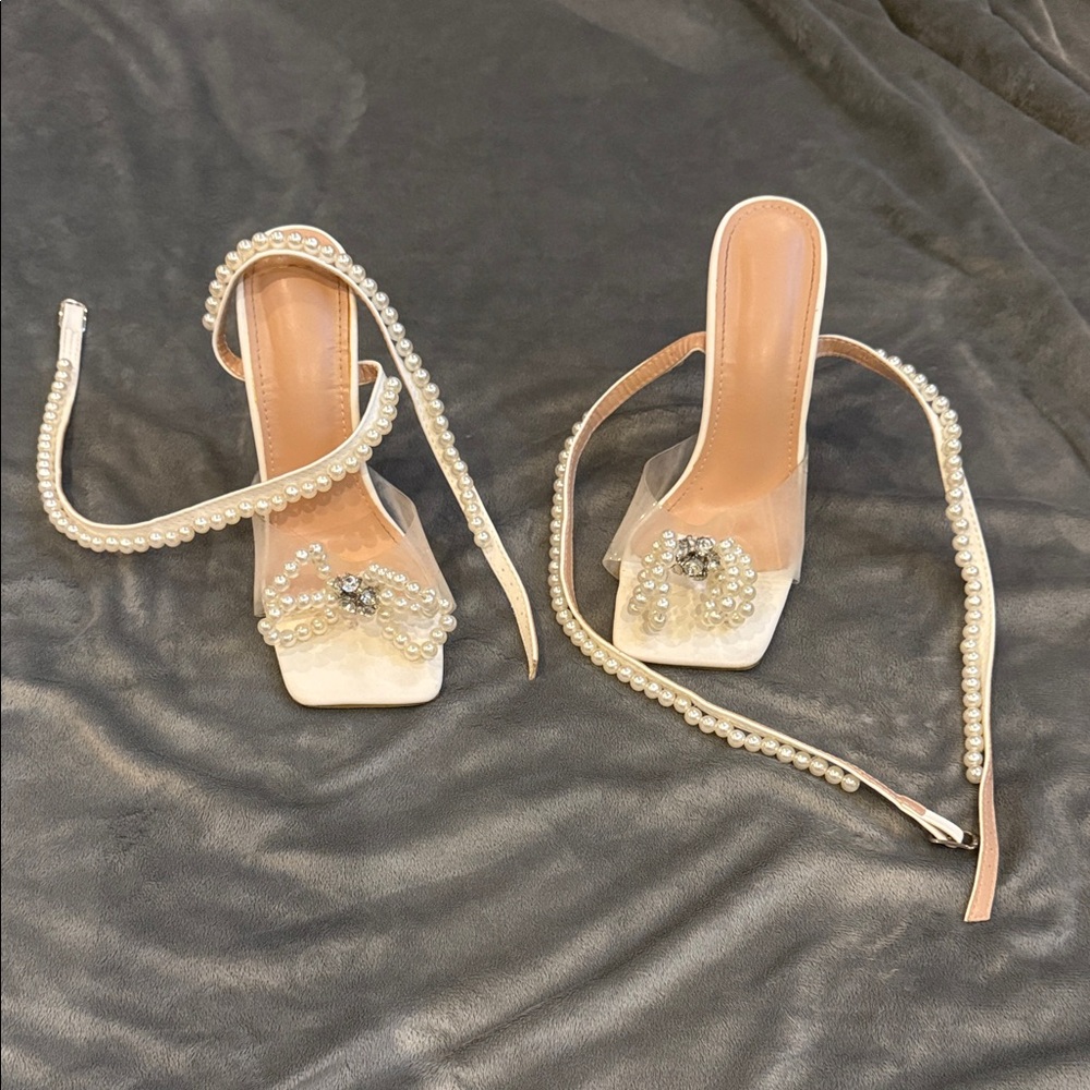 Pearl Embellished Clear Strap White Heeled Sandals